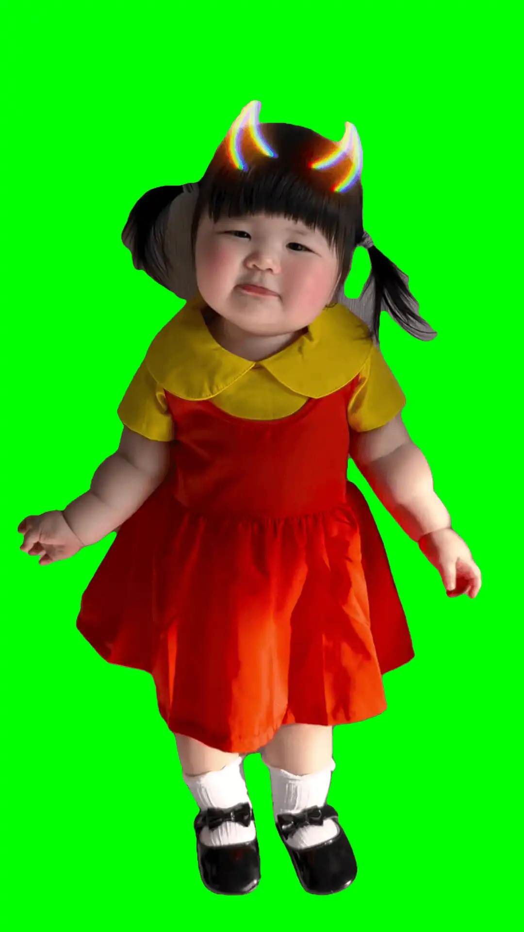 Girl dressed as Doll in Squid Game Green light Red light Meme Green Screen