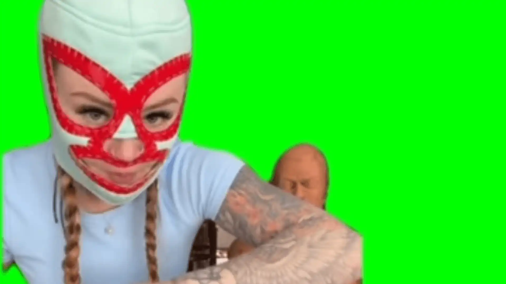 Girl in mask boxing man mannequin meme green screen