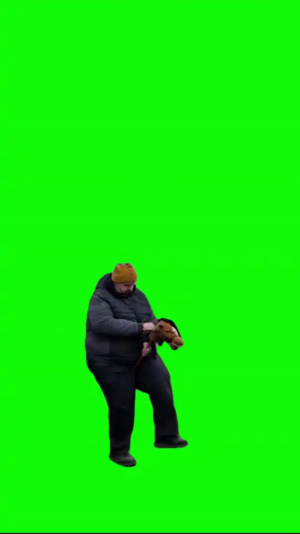 Guy riding a fake horse green screen