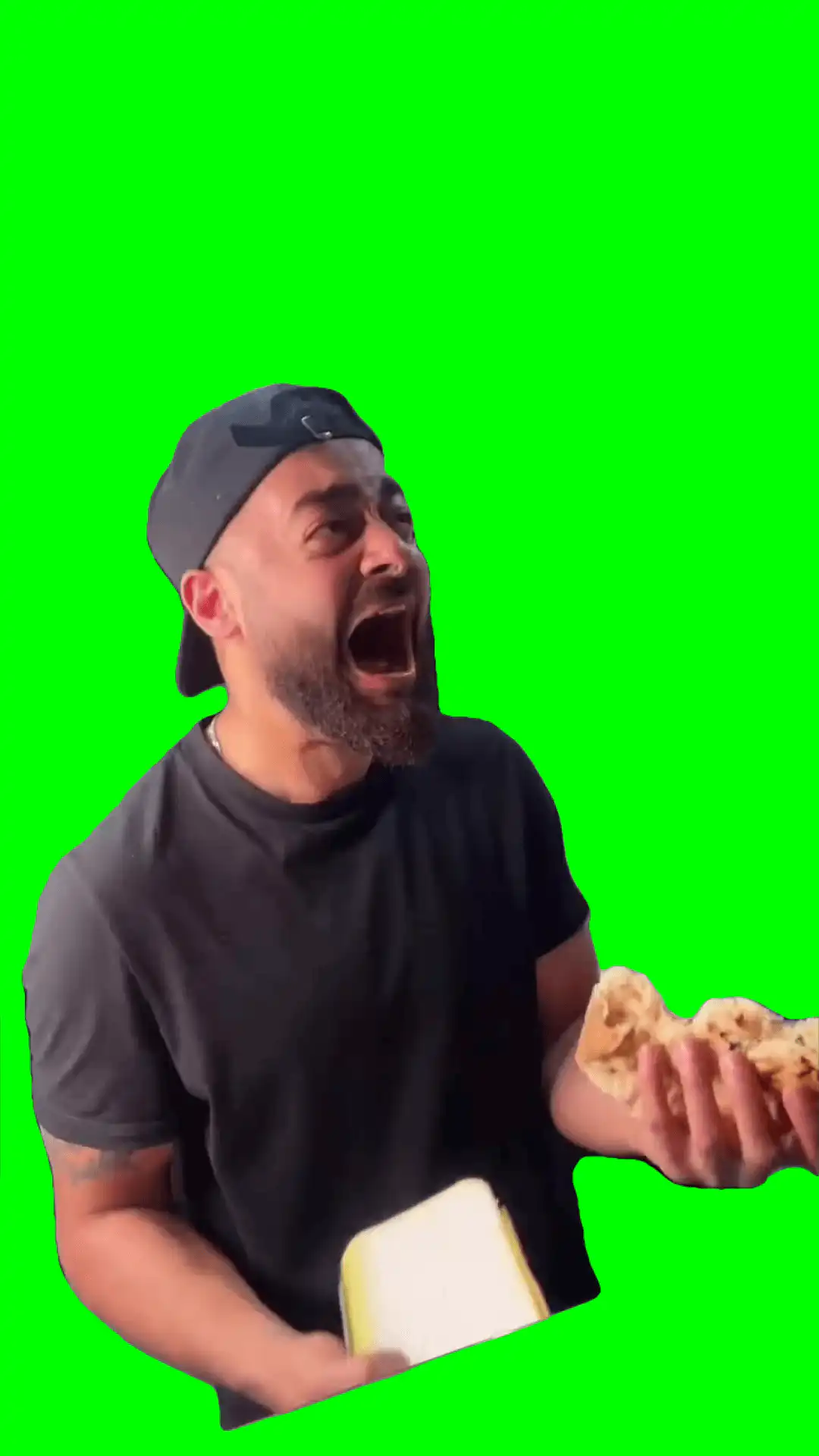 man screaming at food green screen