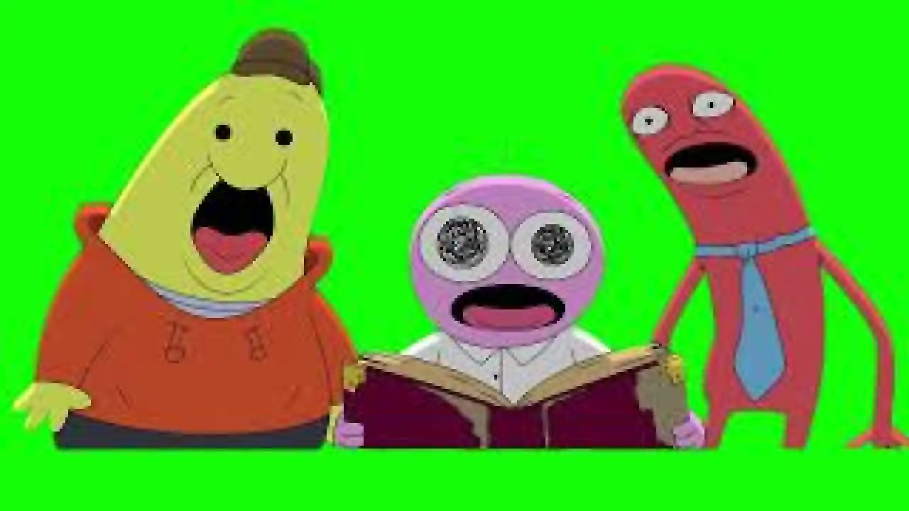 The Smiling Friends in shock looking at the camera green screen